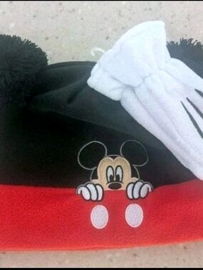 Kids Black and Red Mickey Mouse Beanie with Small White Gloves.